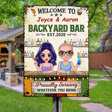 Summer Doll Couple Welcome To Backyard Bar Personalized Metal Sign