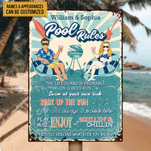 Pool Rules Swim At Your Own Risk Grilling Couple Husband Wife - Backyard Sign - Personalized Custom Classic Metal Signs