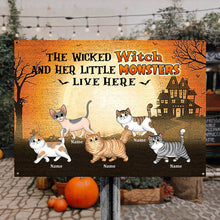 Halloween Wicked Witch And Walking Fluffy Cats Live Here Personalized Custom Classic Metal Signs