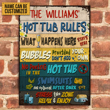 Hot Tub Rules What Happens Here Custom Classic Metal Signs, Hot Tub Decorating Ideas