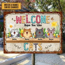 Metal Welcome Signs, Gifts For Cat Lovers, Welcome Hope You Like Cats Flower Personalized Home Signs