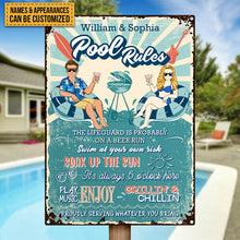 Pool Rules Swim At Your Own Risk Grilling Couple Husband Wife - Backyard Sign - Personalized Custom Classic Metal Signs