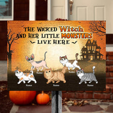 Halloween Wicked Witch And Walking Fluffy Cats Live Here Personalized Custom Classic Metal Signs