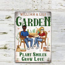 Gardening Couple Plant Smiles Grow Love - Gift For Garden Lovers - Personalized Custom Classic Metal Signs - Garden Signs