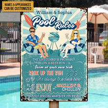 Pool Rules Swim At Your Own Risk Grilling Couple Husband Wife - Backyard Sign - Personalized Custom Classic Metal Signs