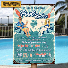 Pool Rules Swim At Your Own Risk Grilling Couple Husband Wife - Backyard Sign - Personalized Custom Classic Metal Signs