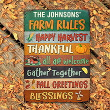 Autumn Farm Rules Fall Greetings, Harvest Season, Farmhouse, Farm Decor, Custom Classic Metal Signs