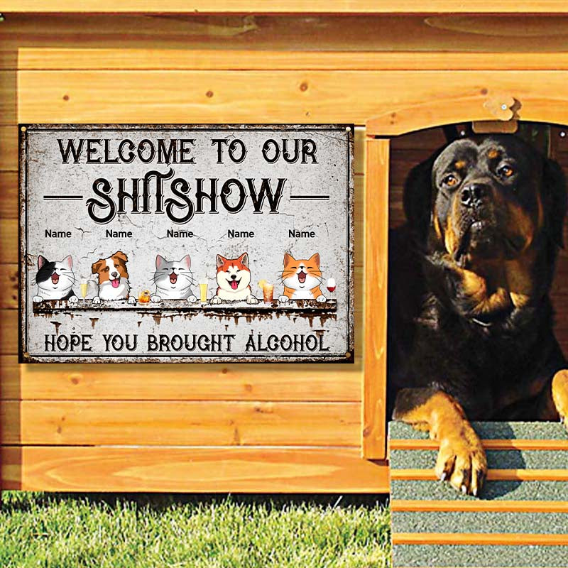 Personalized Dogs Flag Sign - Up to 5 Dogs - Gift Idea For Dog Lovers - Welcome To The Shitshow  Hope You Brought Alcohol