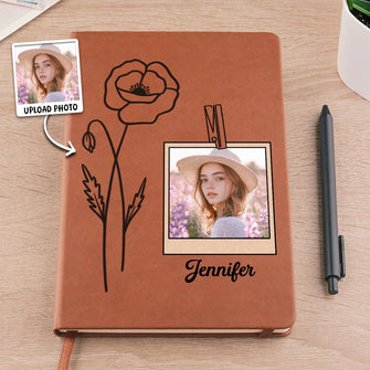Custom Photo Birth Month Flowers Name - Personalized Leather Journal - Gift For Family Members, Book Lovers