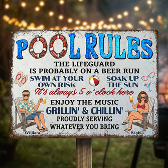 Pool Rules Swim At Your Own Risk Grilling  - Personalized Customized Metal Sign - Gift For Couples, Family Members, Friends