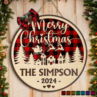 Merry Christmas, Art with Family Name - Personalized Door Signs - Christmas Gift For Family