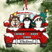 Chirstmas Dog Cat With Red Truck - Personalized Wooden Cutout Ornament - Gifts For Dog Lovers