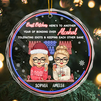 Custom Character - Here's To Another Year Of Bonding Over Alcohol - Personalized Custom Christmas Glass Ornament Gift For Her, Bestie