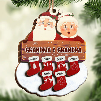 Santa Claus Mrs Claus Grandkids - Personalized 2-Layered Wooden Ornament - Gifts For Family