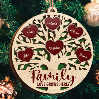 Family Love Grows Here - Personalized 2-Layered Wooden Ornament - Engraved Gifts For Family