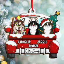 Chirstmas Dog Cat With Red Truck - Personalized Wooden Cutout Ornament - Gifts For Dog Lovers