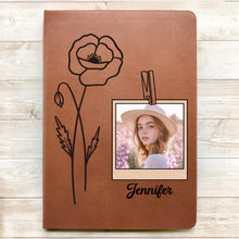 Custom Photo Birth Month Flowers Name - Personalized Leather Journal - Gift For Family Members, Book Lovers