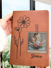 Custom Photo Birth Month Flowers Name - Personalized Leather Journal - Gift For Family Members, Book Lovers
