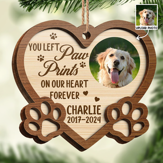 Custom Photo Dog You Left Paw Prints On My Heart Forever - Personalized 2-Layered Wooden Ornament - Christmas Gifts For Dog Lover