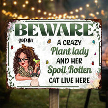 Beware A Crazy Plant Lady - Personalized Classic Metal Signs - Gift For Cat Lovers