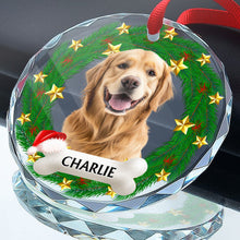 Custom Pet Photo Christmas Wreath Ring - Personalized Glass Ornament - Gift For Pet Lovers