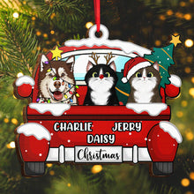 Chirstmas Dog Cat With Red Truck - Personalized Wooden Cutout Ornament - Gifts For Dog Lovers