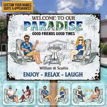 Poolside Grilling Listen To The Good Music Couple Husband Wife Pride - Backyard Sign - Personalized Custom Classic Metal Signs