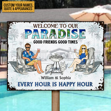 Poolside Grilling Listen To The Good Music Couple Husband Wife Pride - Backyard Sign - Personalized Custom Classic Metal Signs