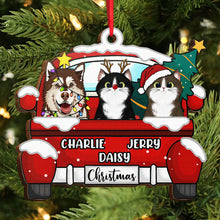 Chirstmas Dog Cat With Red Truck - Personalized Wooden Cutout Ornament - Gifts For Dog Lovers