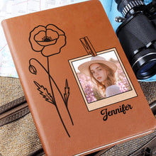 Custom Photo Birth Month Flowers Name - Personalized Leather Journal - Gift For Family Members, Book Lovers