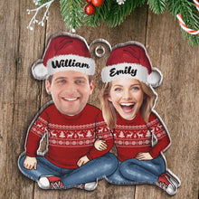 Custom Photo Doll Couple Sitting Hugging - Personalized Acrylic Ornament - Christmas Gift For Couple