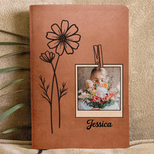 Custom Photo Birth Month Flowers Name - Personalized Leather Journal - Gift For Family Members, Book Lovers