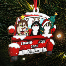 Chirstmas Dog Cat With Red Truck - Personalized Wooden Cutout Ornament - Gifts For Dog Lovers