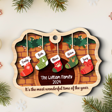 Stockings Hanging The Most Wonderful Time Of Year - Personalized 2-Layered Wooden Ornament - Engraved Gifts For Family Members