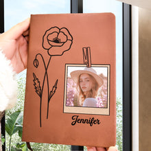 Custom Photo Birth Month Flowers Name - Personalized Leather Journal - Gift For Family Members, Book Lovers