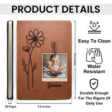 Custom Photo Birth Month Flowers Name - Personalized Leather Journal - Gift For Family Members, Book Lovers