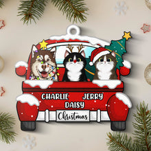 Chirstmas Dog Cat With Red Truck - Personalized Wooden Cutout Ornament - Gifts For Dog Lovers