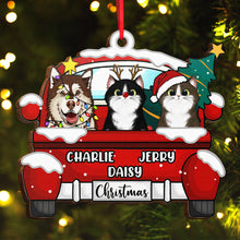 Chirstmas Dog Cat With Red Truck - Personalized Wooden Cutout Ornament - Gifts For Dog Lovers