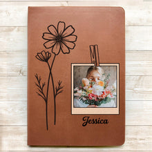 Custom Photo Birth Month Flowers Name - Personalized Leather Journal - Gift For Family Members, Book Lovers