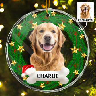 Custom Pet Photo Christmas Wreath Ring - Personalized Glass Ornament - Gift For Pet Lovers