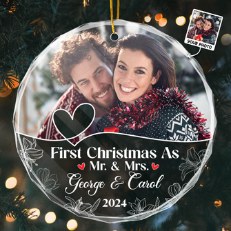 Custom Photo First Christmas As Mr & Mrs Couples - Customized Personalized Glass Ornament - Gift For Couple