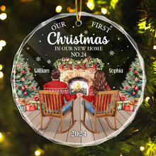 Happy Sitting Christmas Couple  - Customized Personalized Glass Ornament - Christmas Gift For Couple Husband Wife