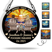 Poolside Paradise Relax Unwind - Personalized Acrylic Window Suncatcher Ornament - Gift For Couple Husband Wife