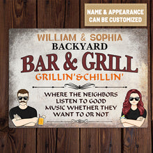 Backyard Bar & Grill Listen To Good Music Husband Wife - Personalized Custom Classic Metal Signs