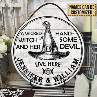 Personalized Witch Handsome Devil Customized Wood Circle Sign