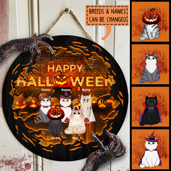Halloween Custom Wooden Door Signs, Happy Halloween Signs For Cat Lovers, Orange Scary Light Welcome Signs , Cat Mom Gifts