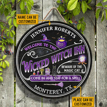 Witch Inn Black Cat Stay For A Spell Black Custom Wood Circle Sign, Witch Decor, Witchy, Goth, Witch Sign, Halloween Sign, Halloween Gift