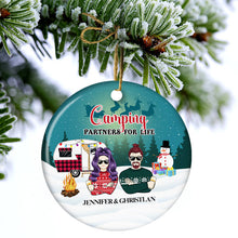 Camping Winter Christmas Couple Camping Partners For Life - Personalized Custom Circle Ceramic Ornament