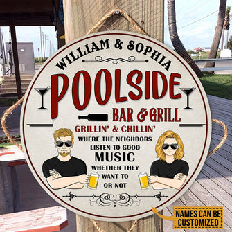 Poolside Neighbors Listen To Good Music - Swimming Pool Decor - Personalized Custom Wood Circle Sign