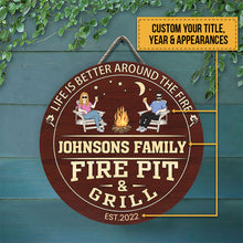 Fire Pit And Grill - Personalized Round Wood Sign - Birthday, Summertime Decor, Housewarming Gift For Family, Friends